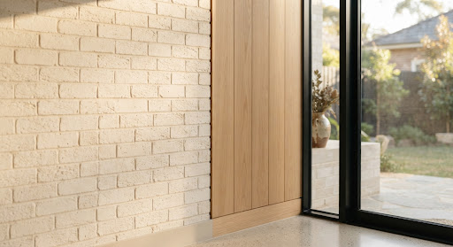 Detalle de materiales: ladrillo claro, madera natural y carpintería metálica negra