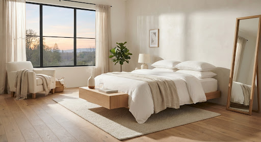 Dormitorio al amanecer con suelo de roble y ropa de cama de lino blanco