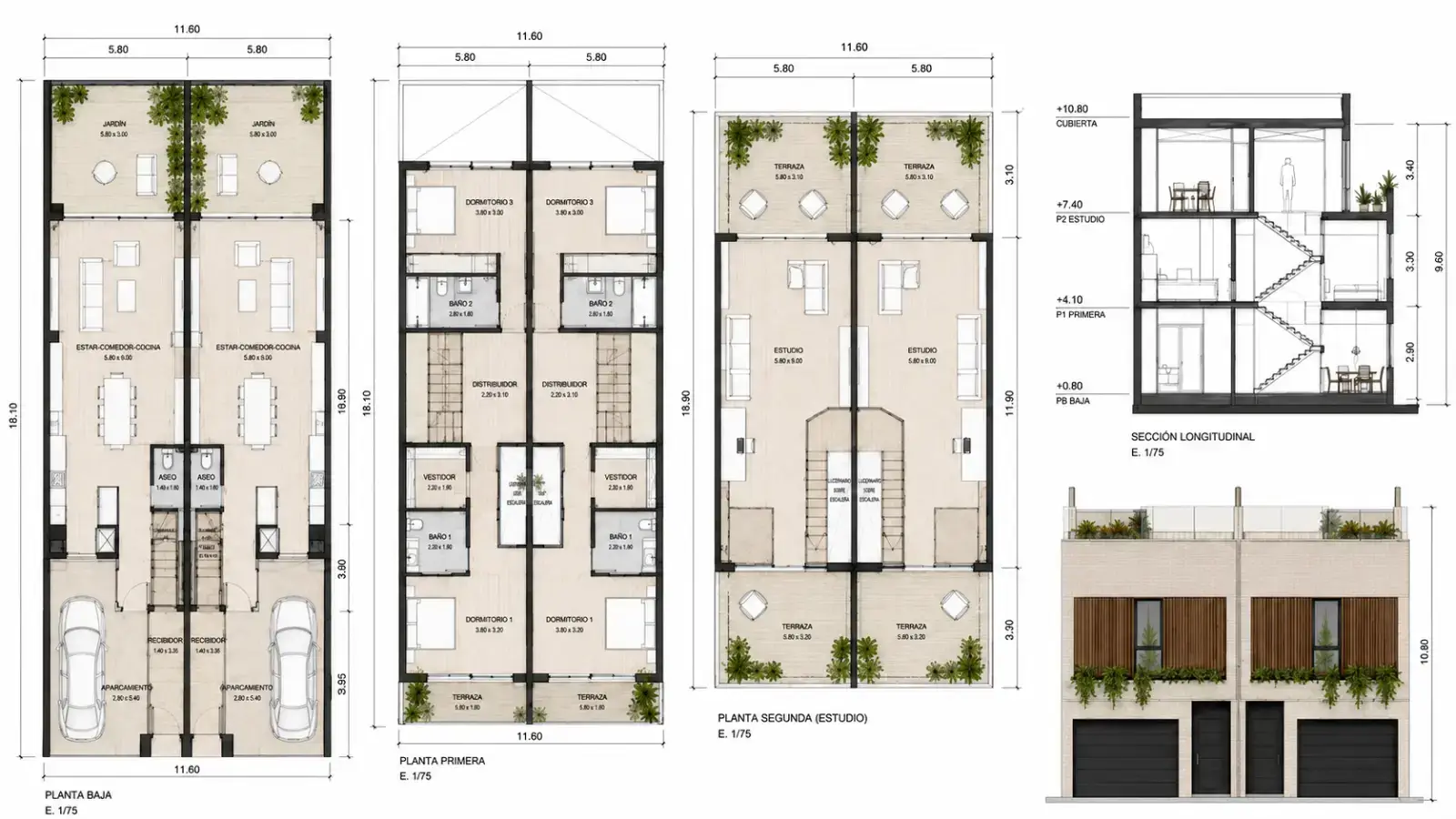 Planos de construcción para una vivienda unifamiliar con sección longitudinal y alzados en Barcelona