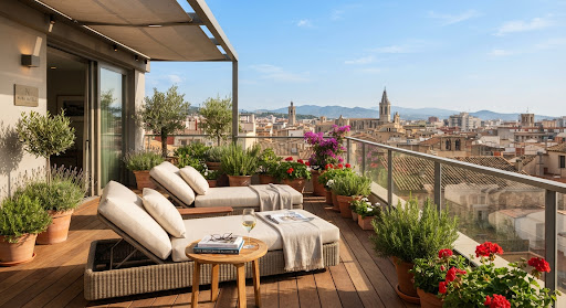 Terraza privada en el ático con tumbonas y plantas mediterráneas