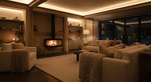 Salón de noche con iluminación indirecta cálida y chimenea moderna
