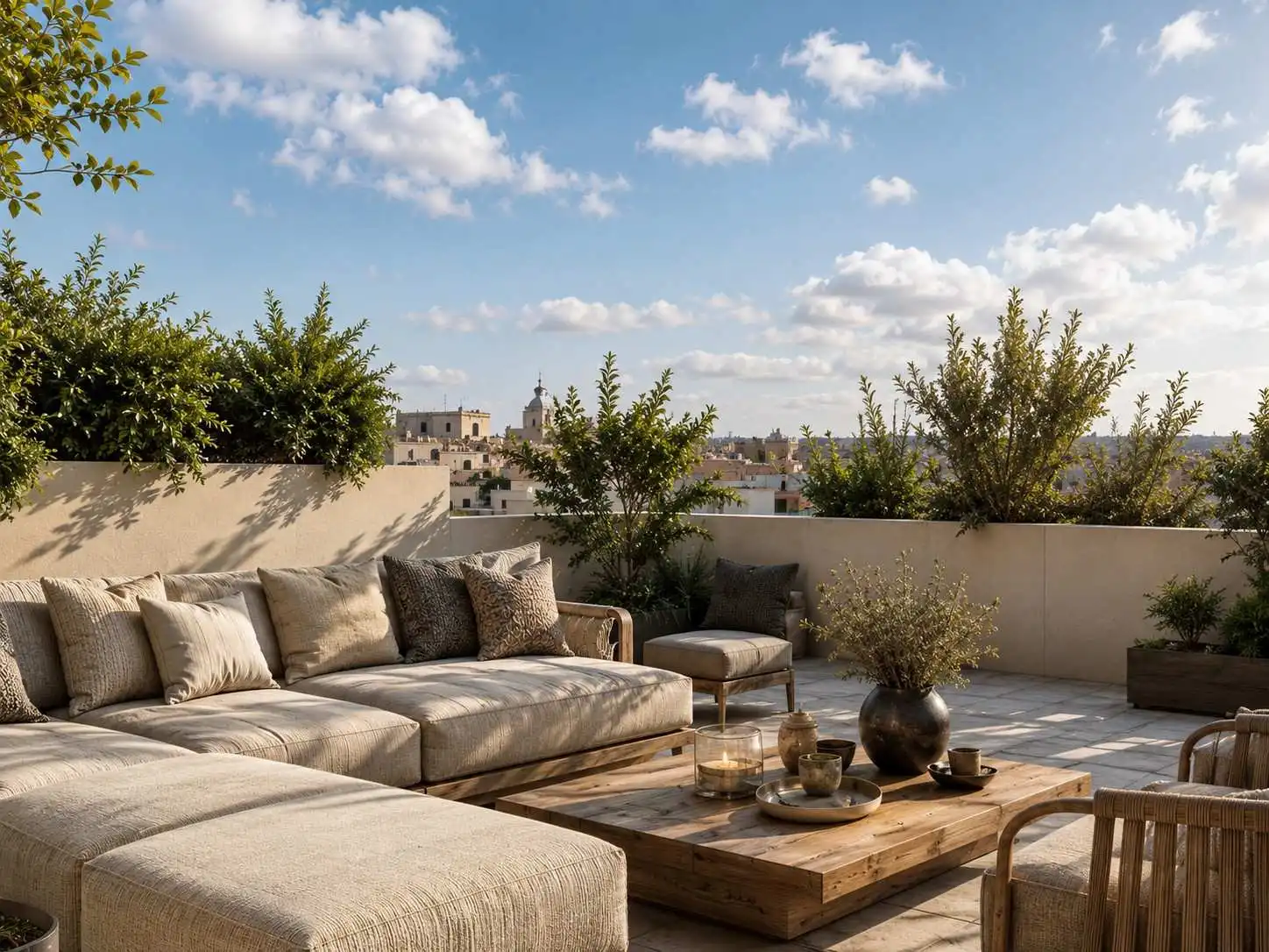Reforma de vivienda con terraza exterior, sofás de lino y mesa de madera en Barcelona