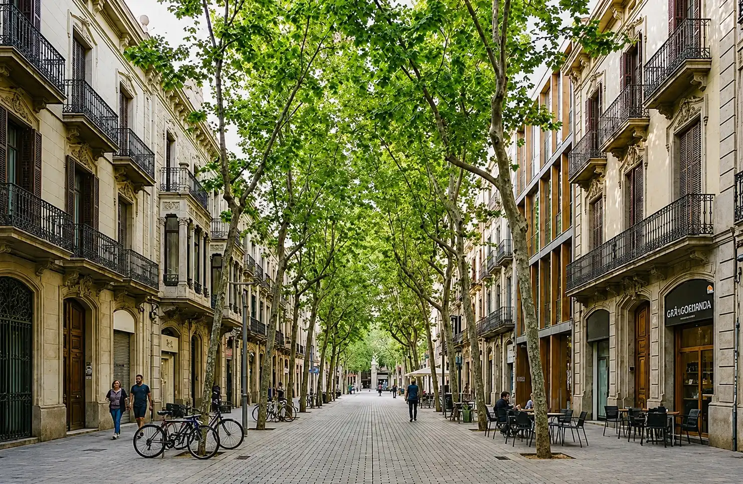 Rehabilitación de fachadas clásicas con balcones de forja en una calle peatonal de Barcelona