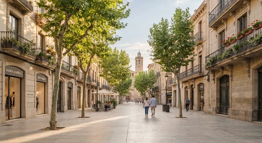 Rehabilitación de fachadas de piedra en edificios históricos de una calle peatonal en Barcelona