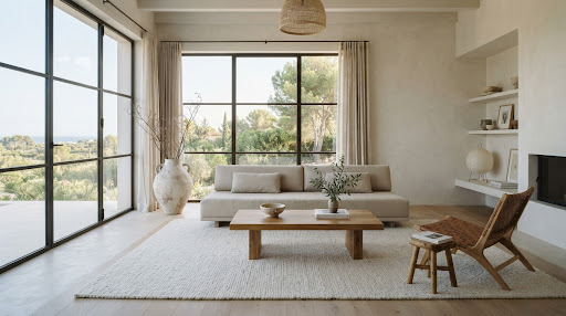 Salón luminoso y minimalista de Nura Aurell con sofá de lino y mesa de roble